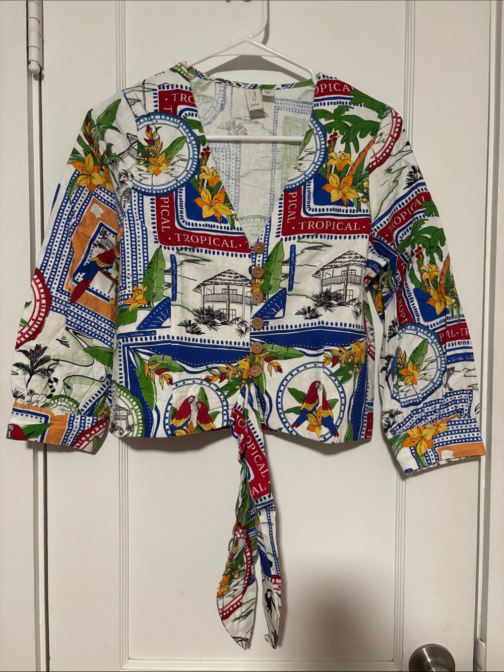 Joie Tropical Print Button-Front Tie Shirt in White, Blue, Green, Red